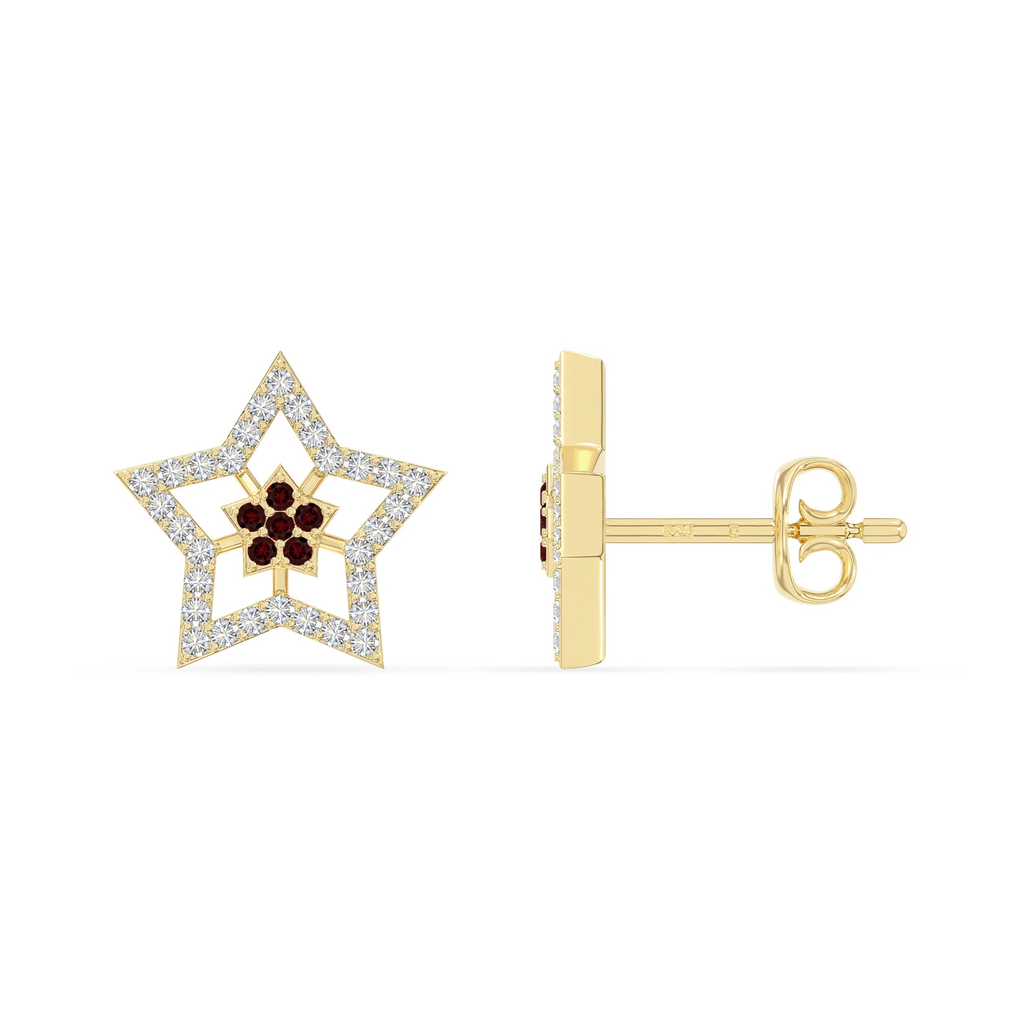natural garnet star stud earrings in yellow gold vermeil 