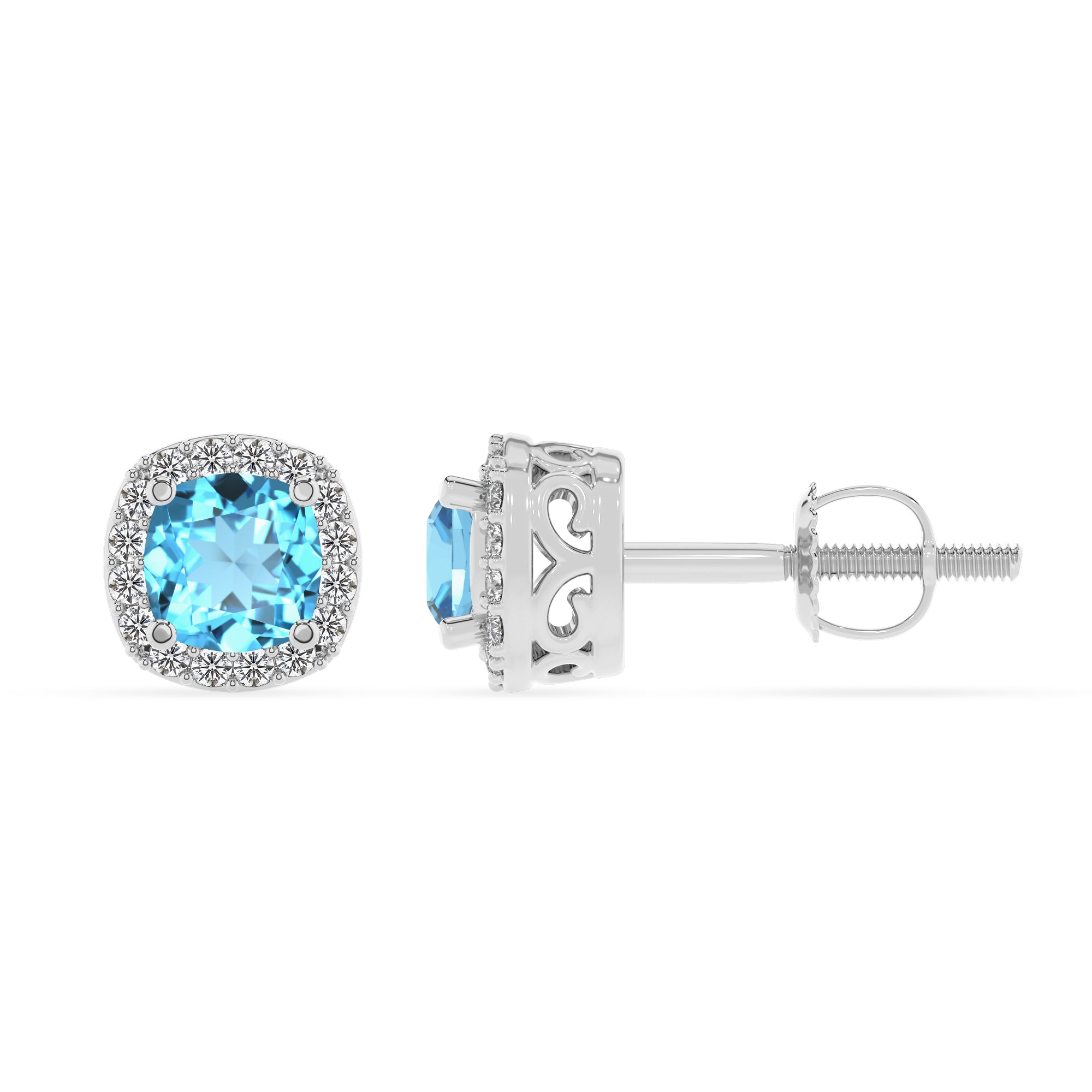 natural swiss blue topaz cushion stud earrings with moissanite 