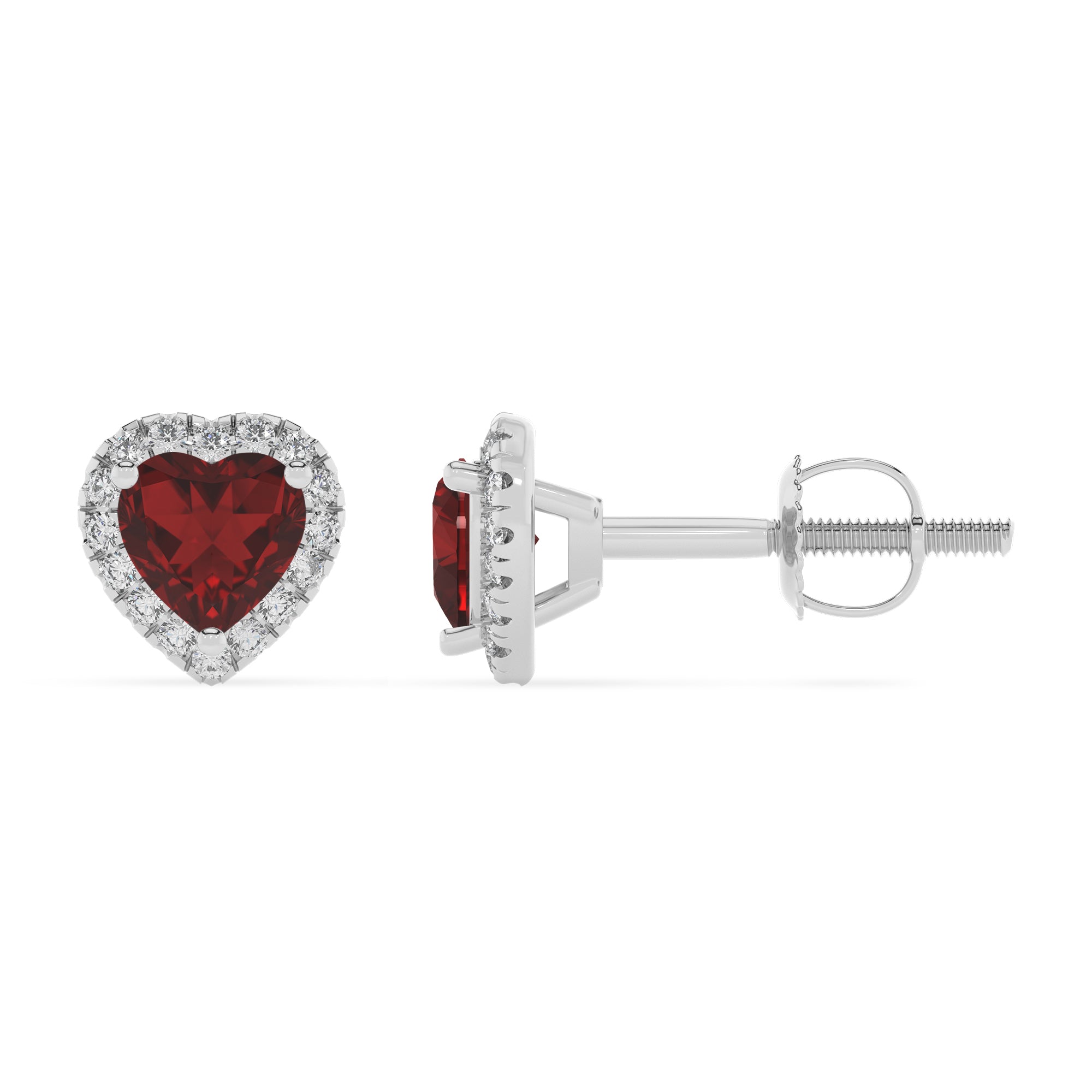 natural garnet heart stud earrings with moissanite 