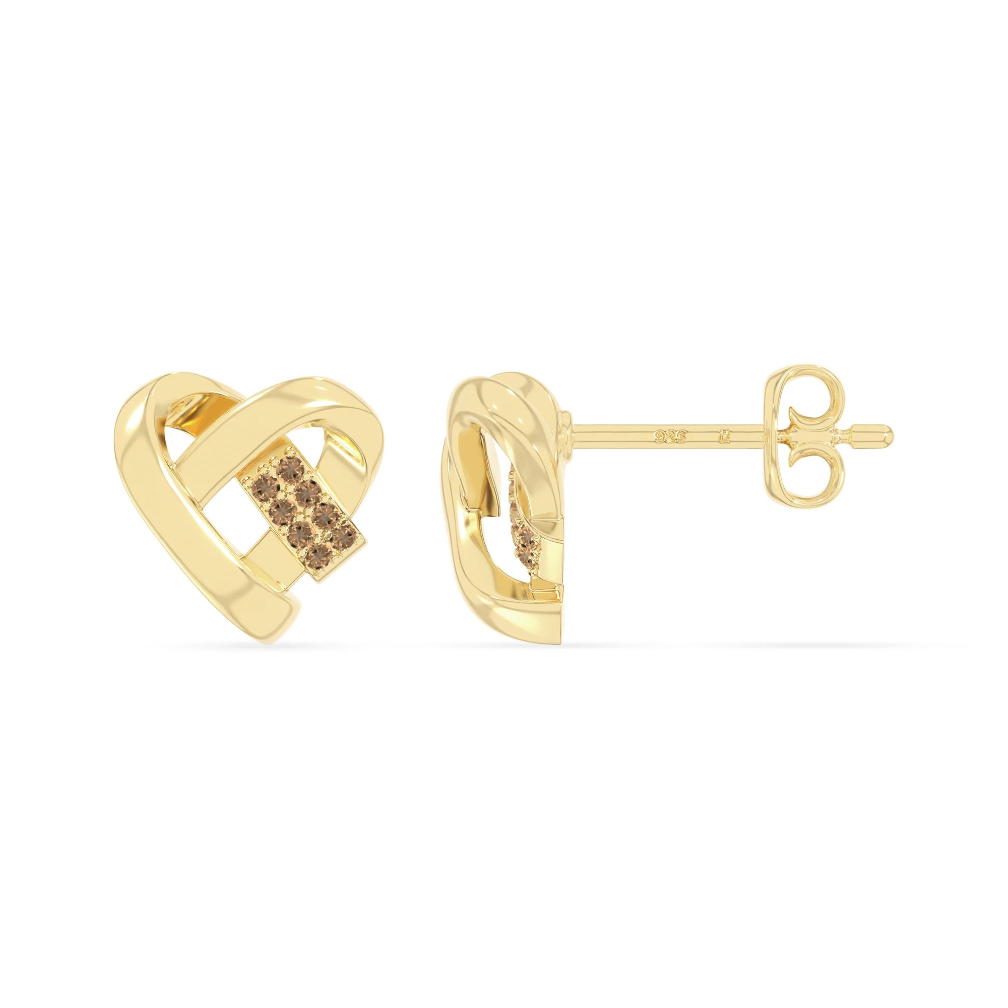 natural citrine ribbon-heart stud earrings in yellow gold vermeil 