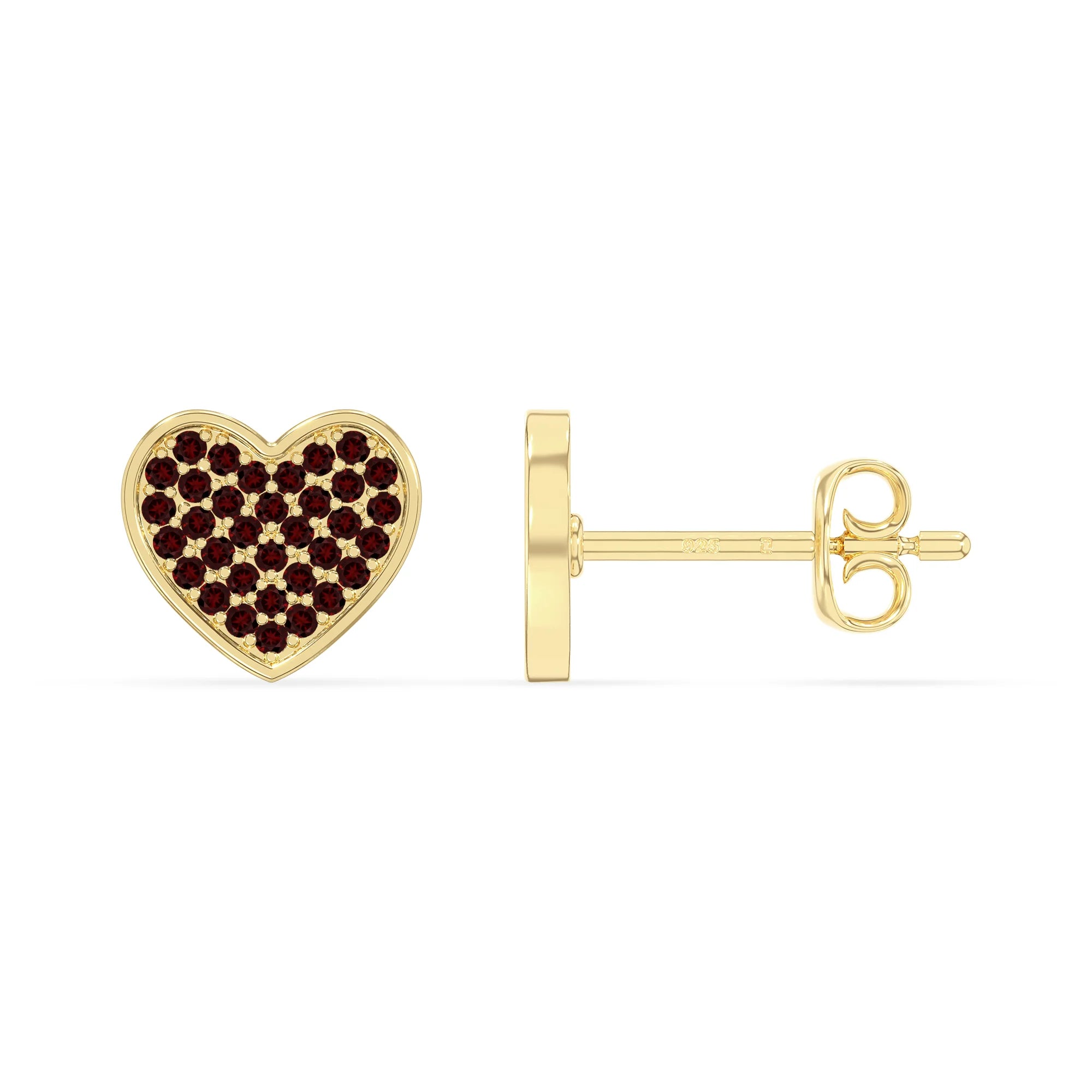 natural garnet heart stud earrings in yellow gold vermeil 