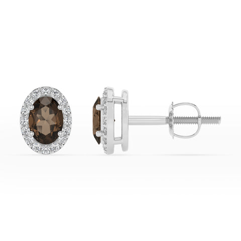 natural smoky quartz oval stud earrings with moissanite 