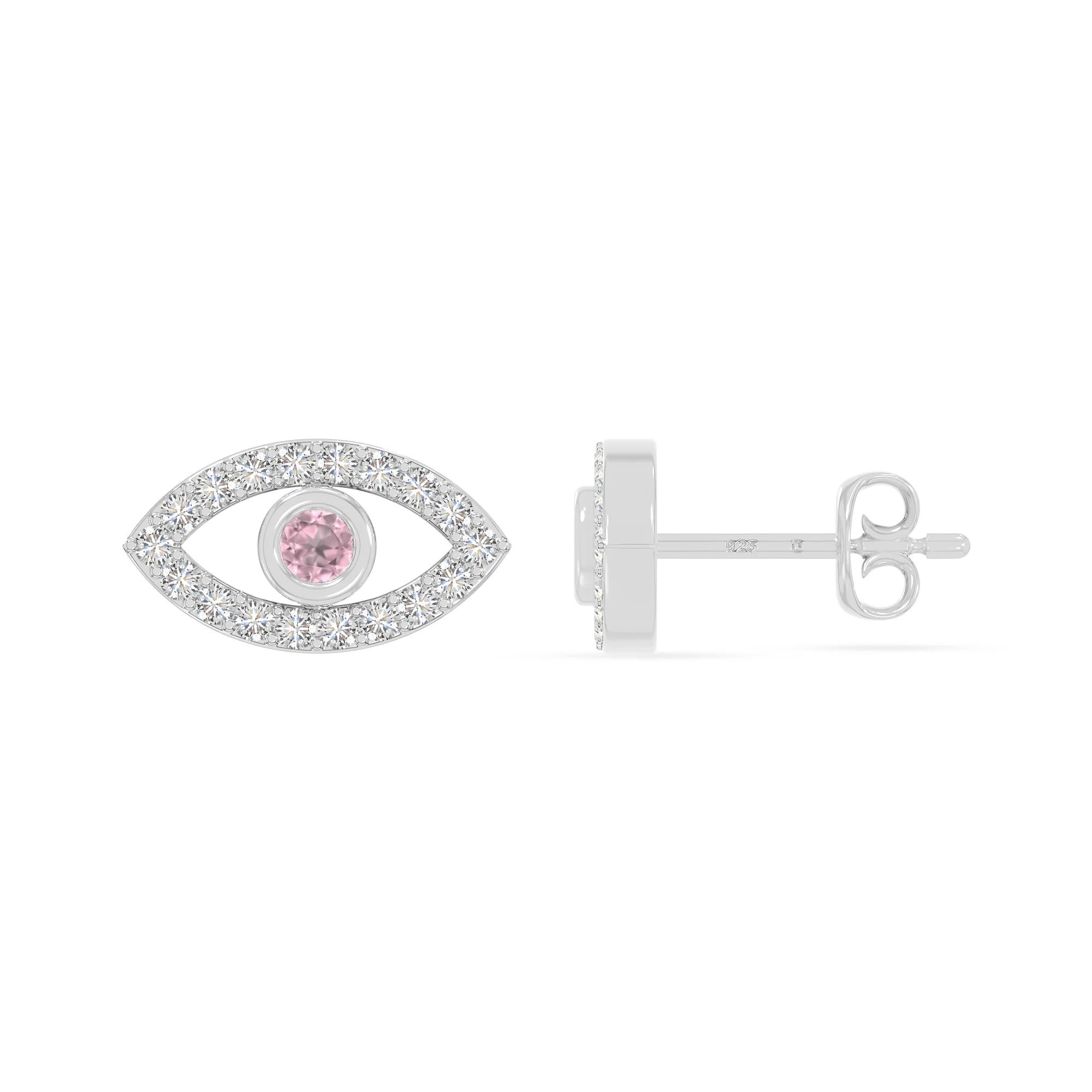 natural pink-tourmaline evil eye stud earrings in sterling silver 