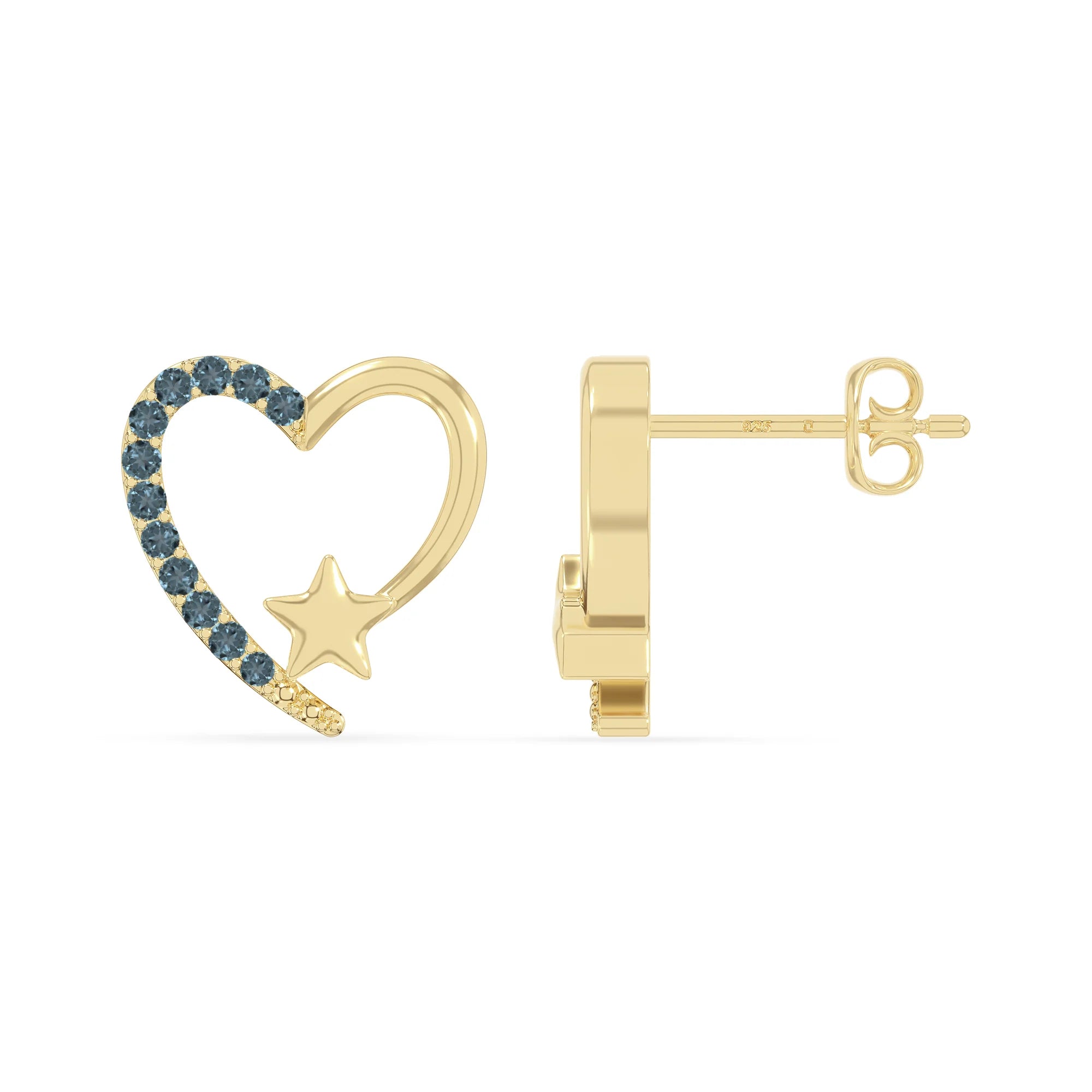 natural london-blue-topaz heart-star stud earrings in yellow gold vermeil 