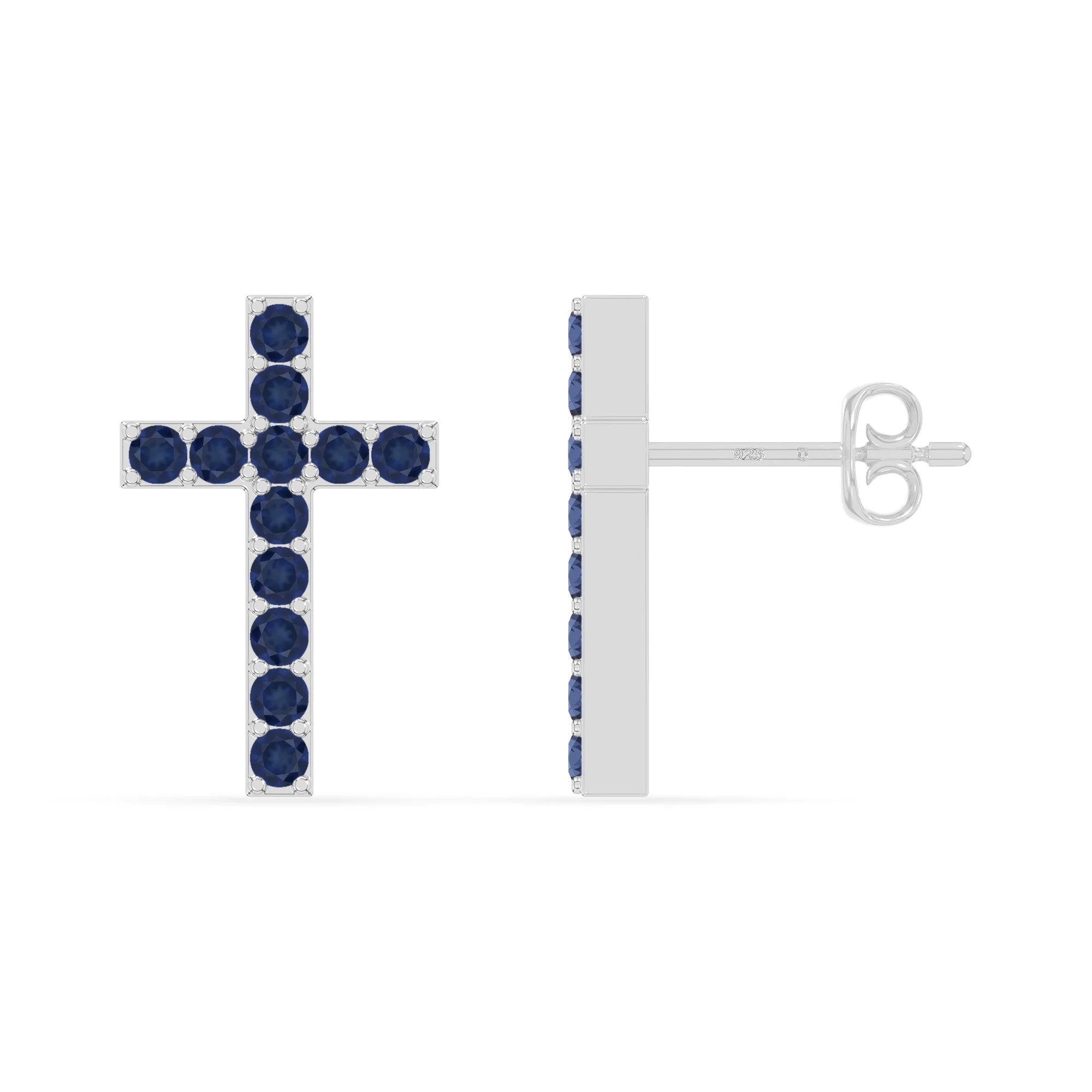 natural blue-sapphire cross stud earrings in sterling silver 