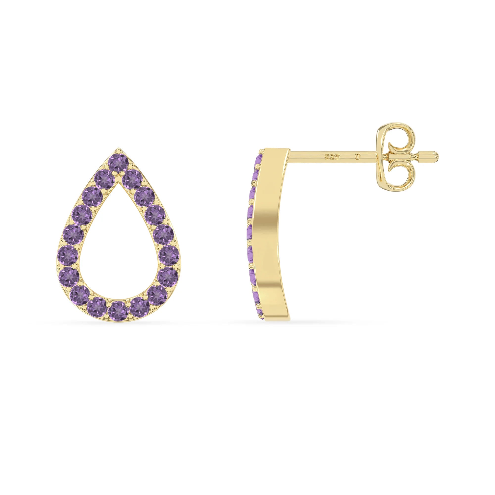 natural amethyst teardrop stud earrings in yellow gold vermeil 