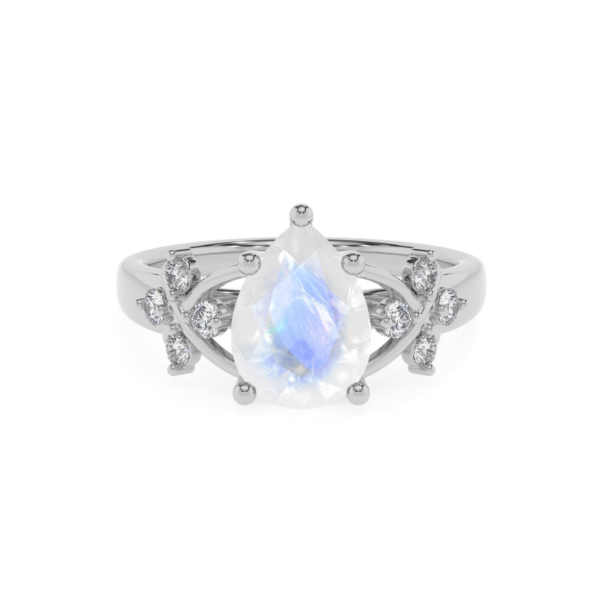 natural rainbow-moonstone pear criss cross solitaire engagement ring