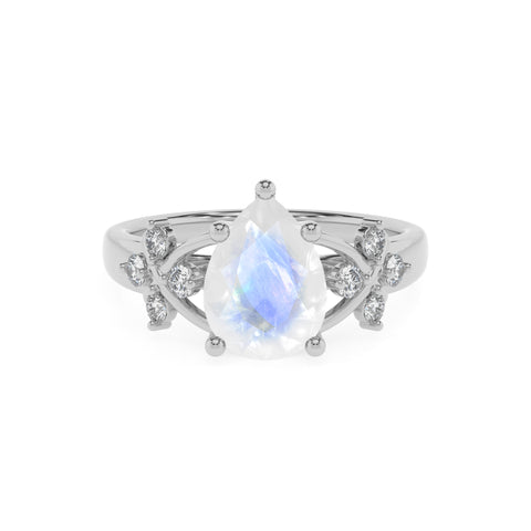 natural rainbow-moonstone pear criss cross solitaire engagement ring