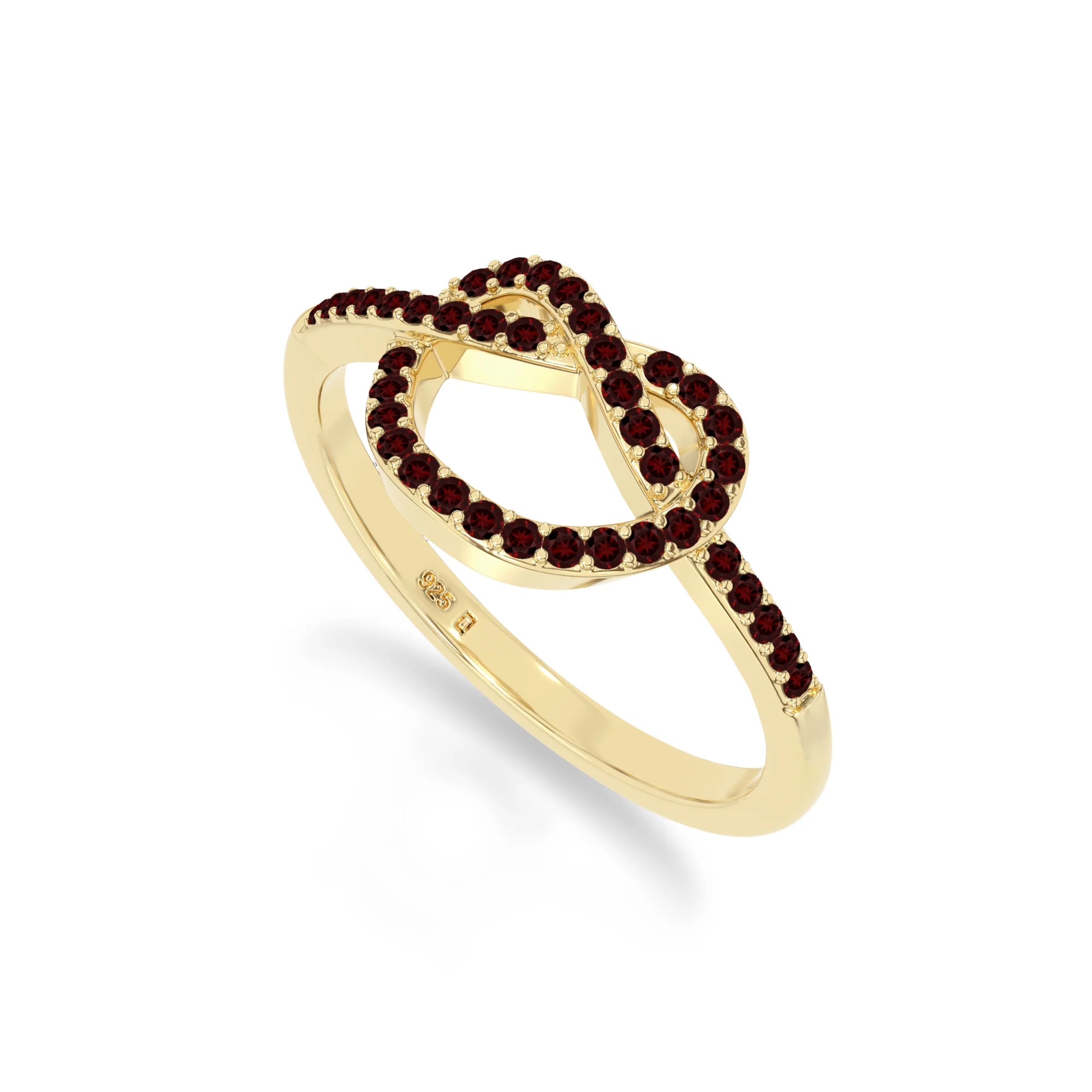 natural garnet infinity knot promise rings in yellow gold vermeil