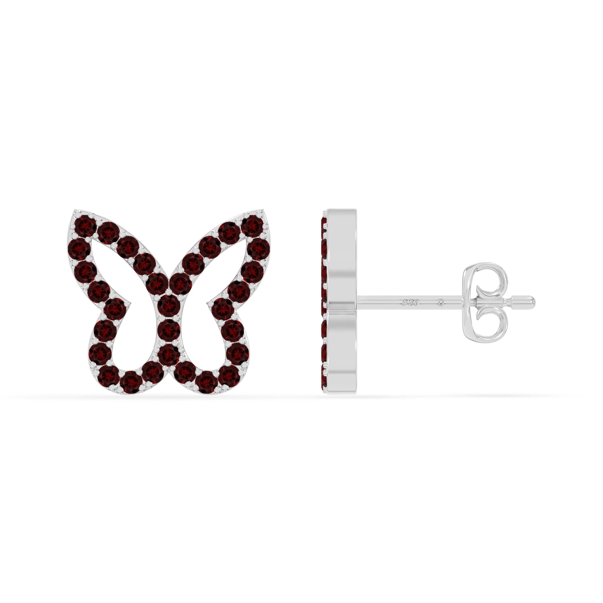 natural garnet butterfly stud earrings in sterling silver 
