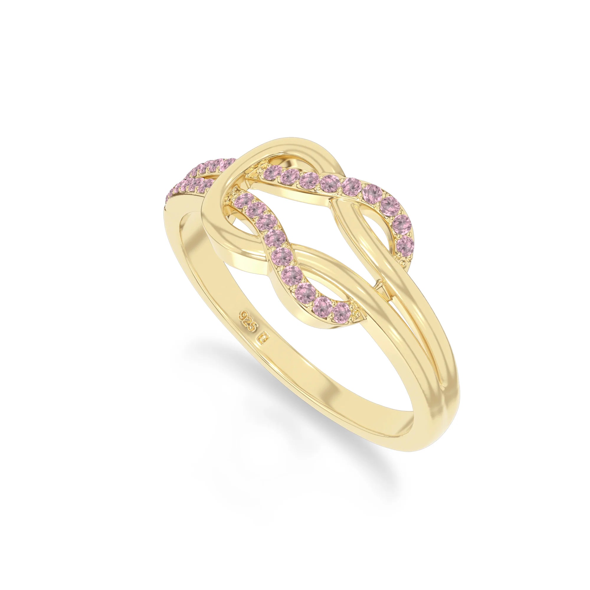 natural pink tourmaline infinity knot promise rings in yellow gold vermeil