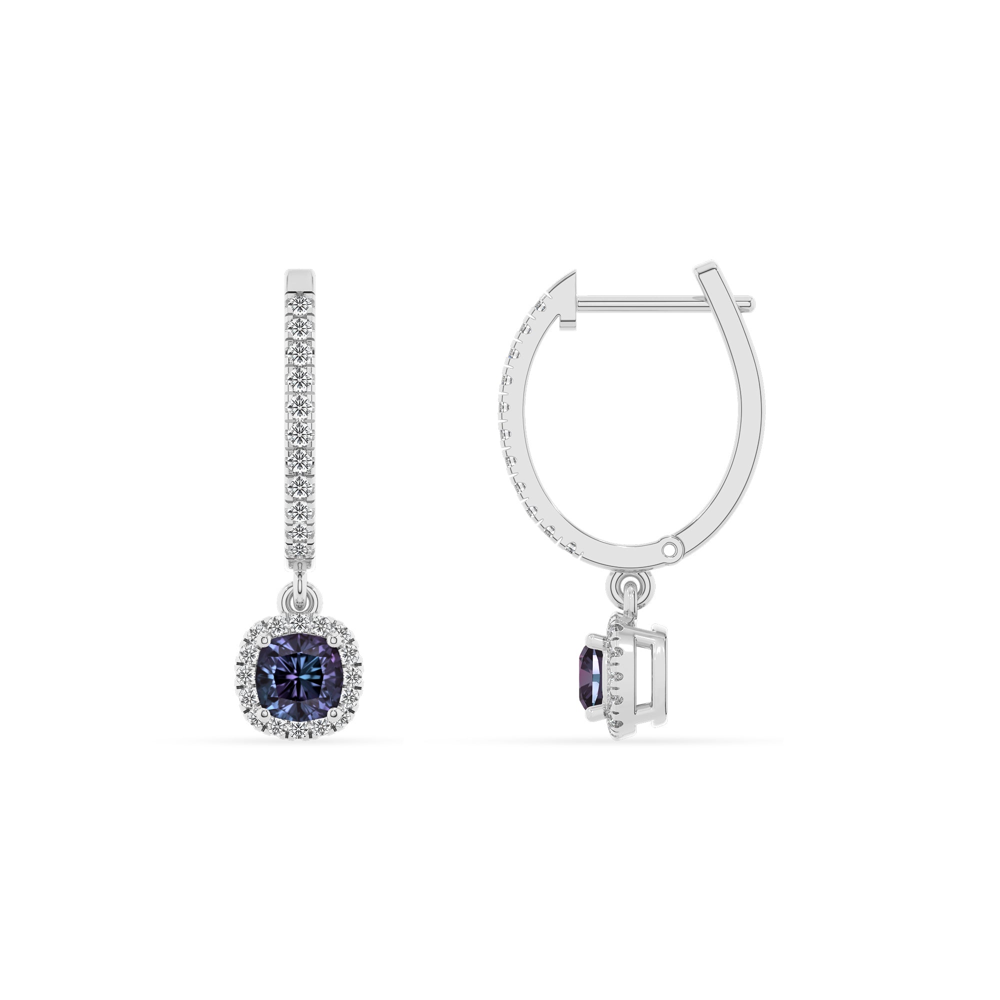 lab grown alexandrite cushion double halo earrings with moissanite 