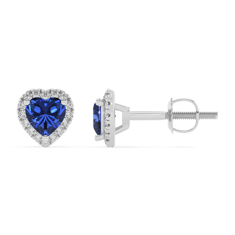 lab grown blue sapphire heart stud earrings with moissanite 