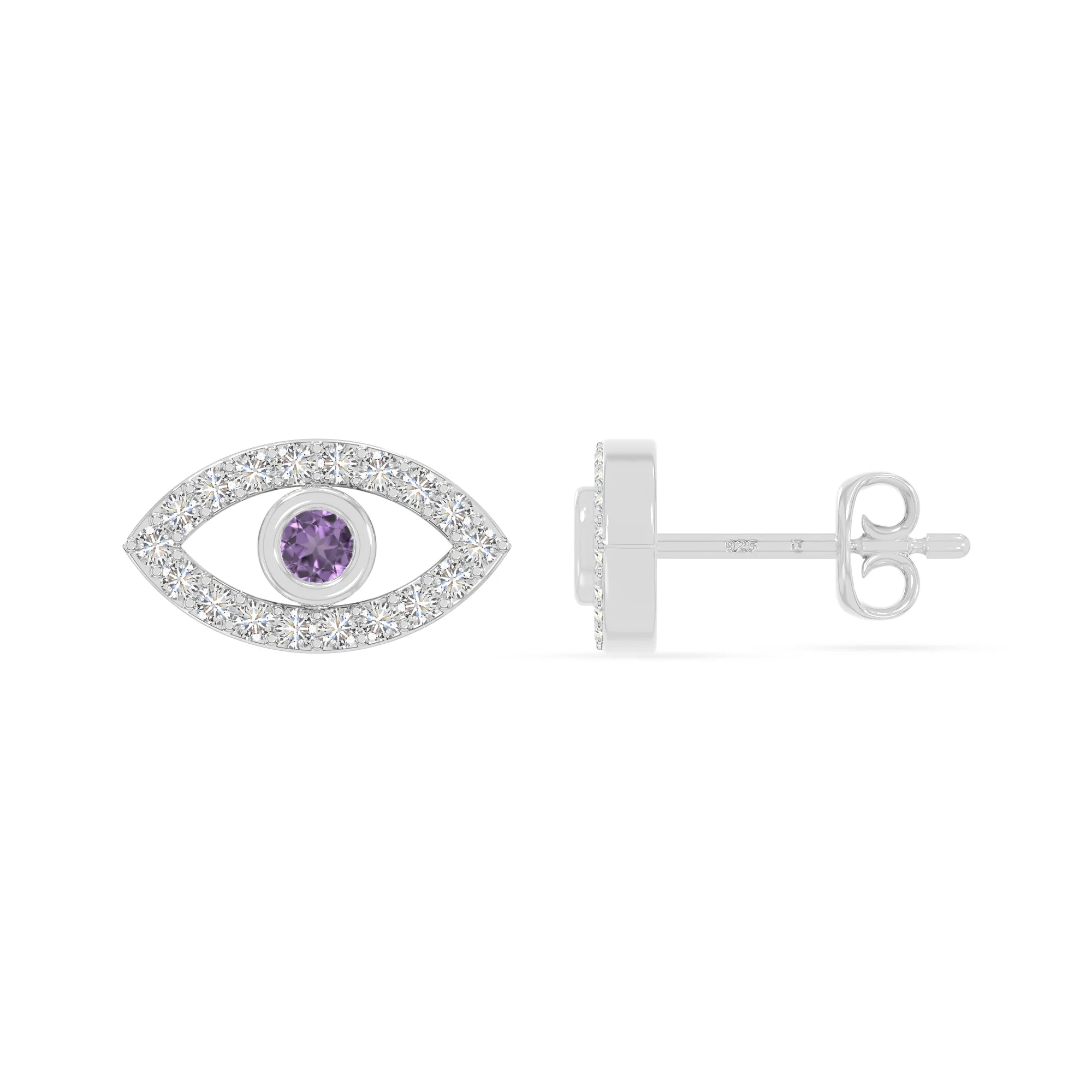 natural amethyst evil eye stud earrings in sterling silver 