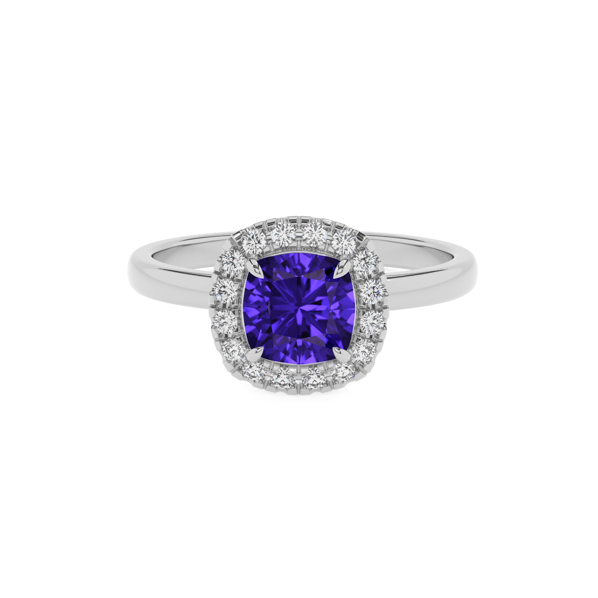 lab-grown tanzanite cushion halo solitaire engagement ring