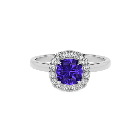 lab-grown tanzanite cushion halo solitaire engagement ring