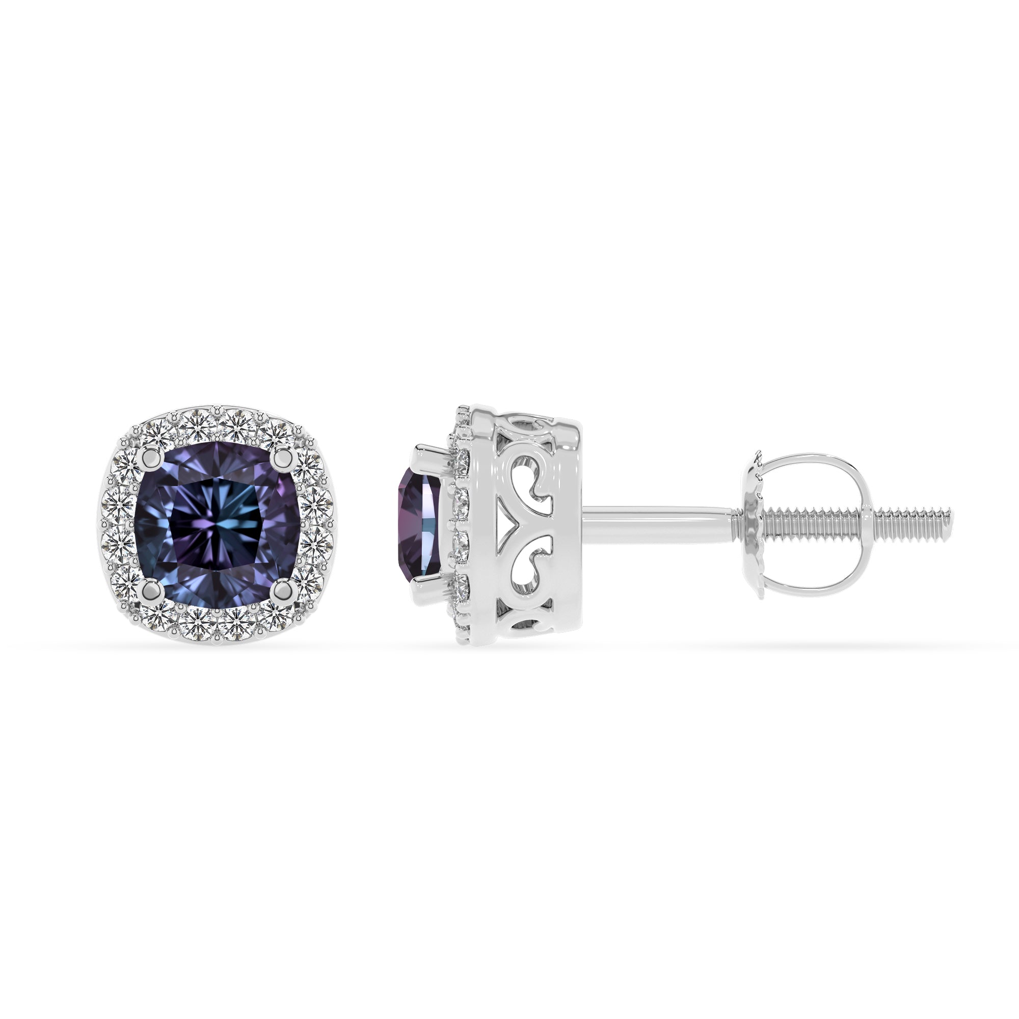 lab grown alexandrite cushion stud earrings with moissanite 