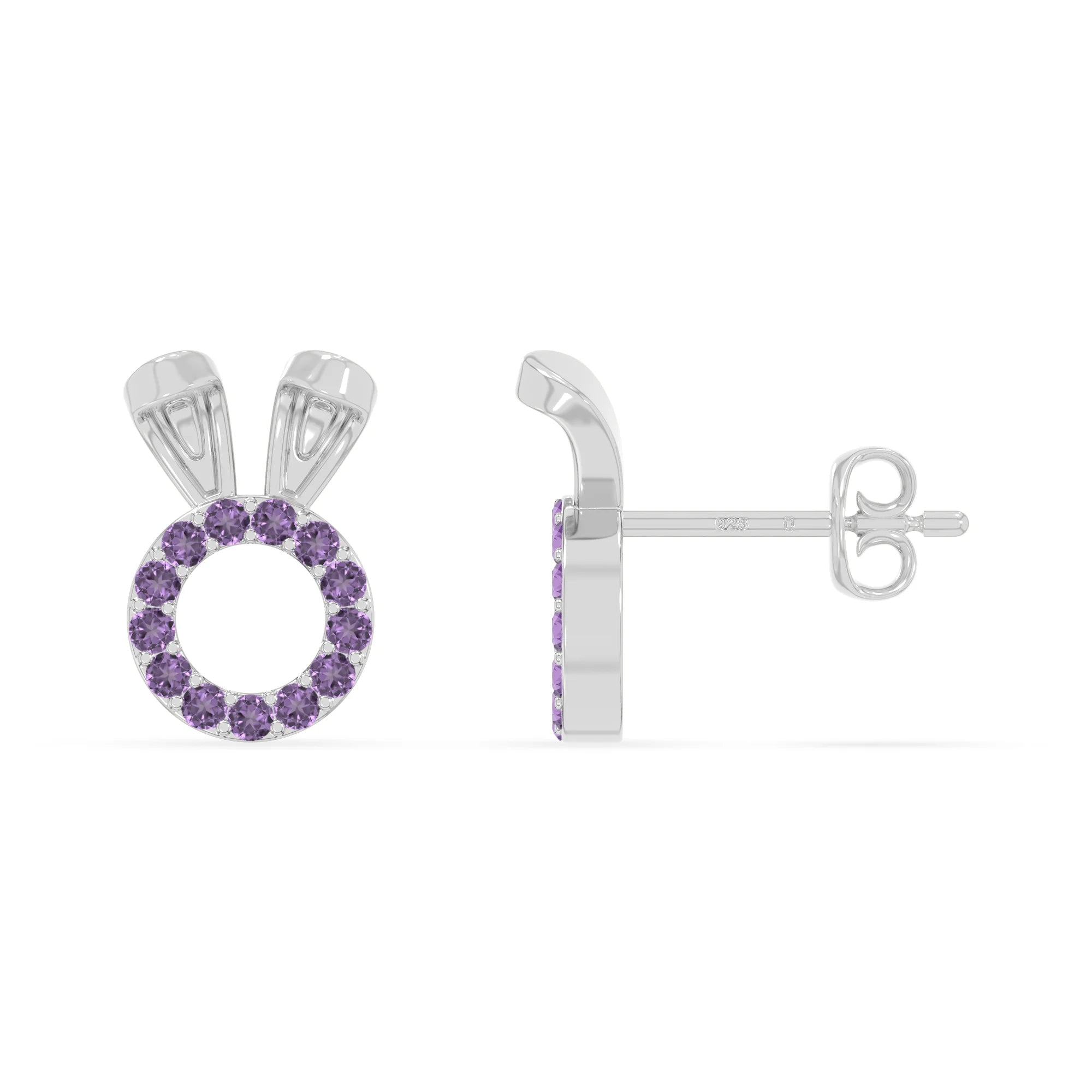 natural amethyst bunny-rabit stud earrings in sterling silver 