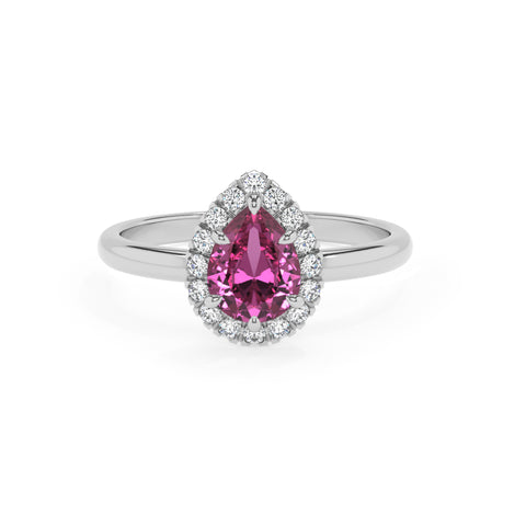 lab-grown pink-sapphire pear halo solitaire engagement ring