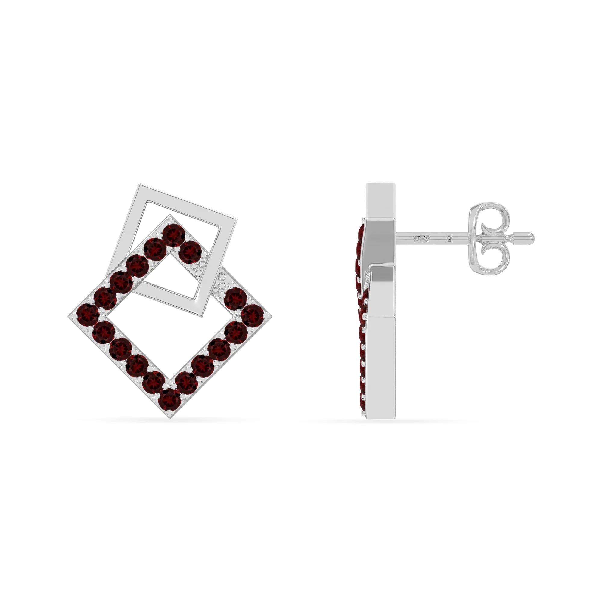 natural garnet square stud earrings in sterling silver 