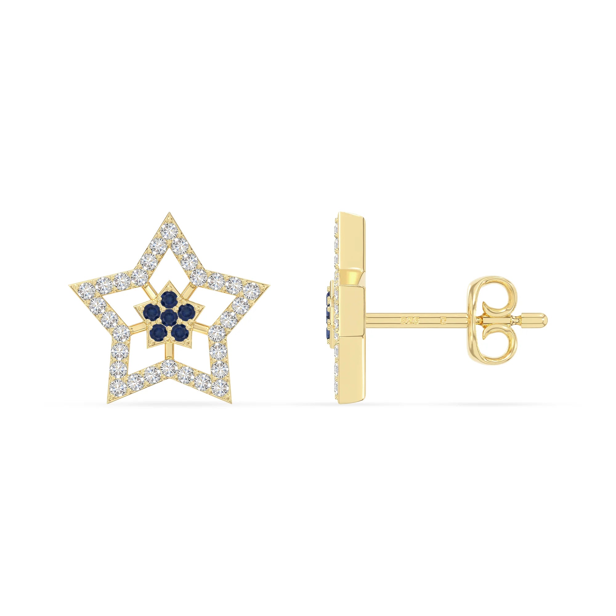 natural blue-sapphire star stud earrings in yellow gold vermeil 