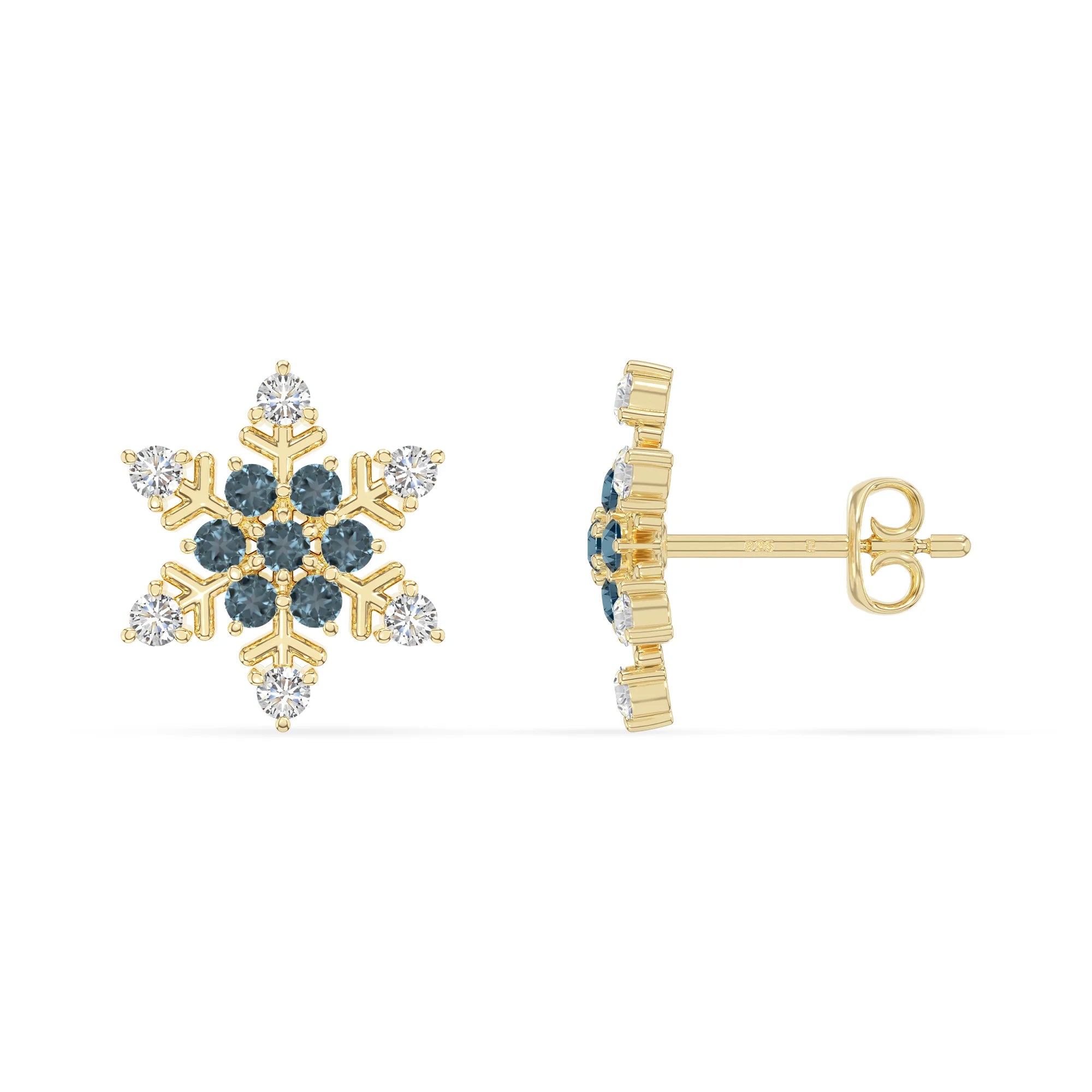 natural london-blue-topaz snowflake stud earrings in yellow gold vermeil 