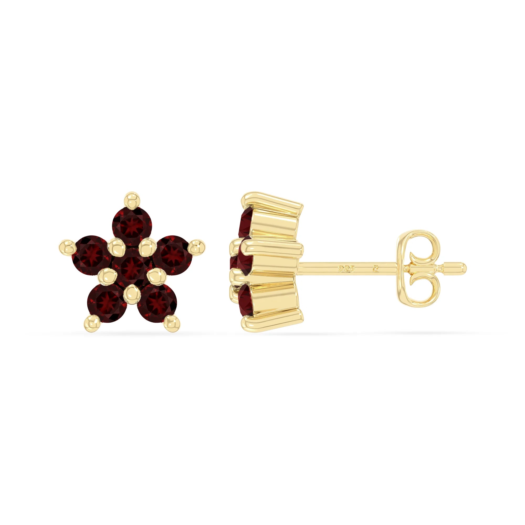 natural garnet flower stud earrings in yellow gold vermeil 