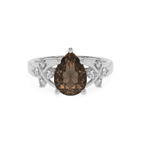 natural smoky-quartz pear criss cross solitaire engagement ring