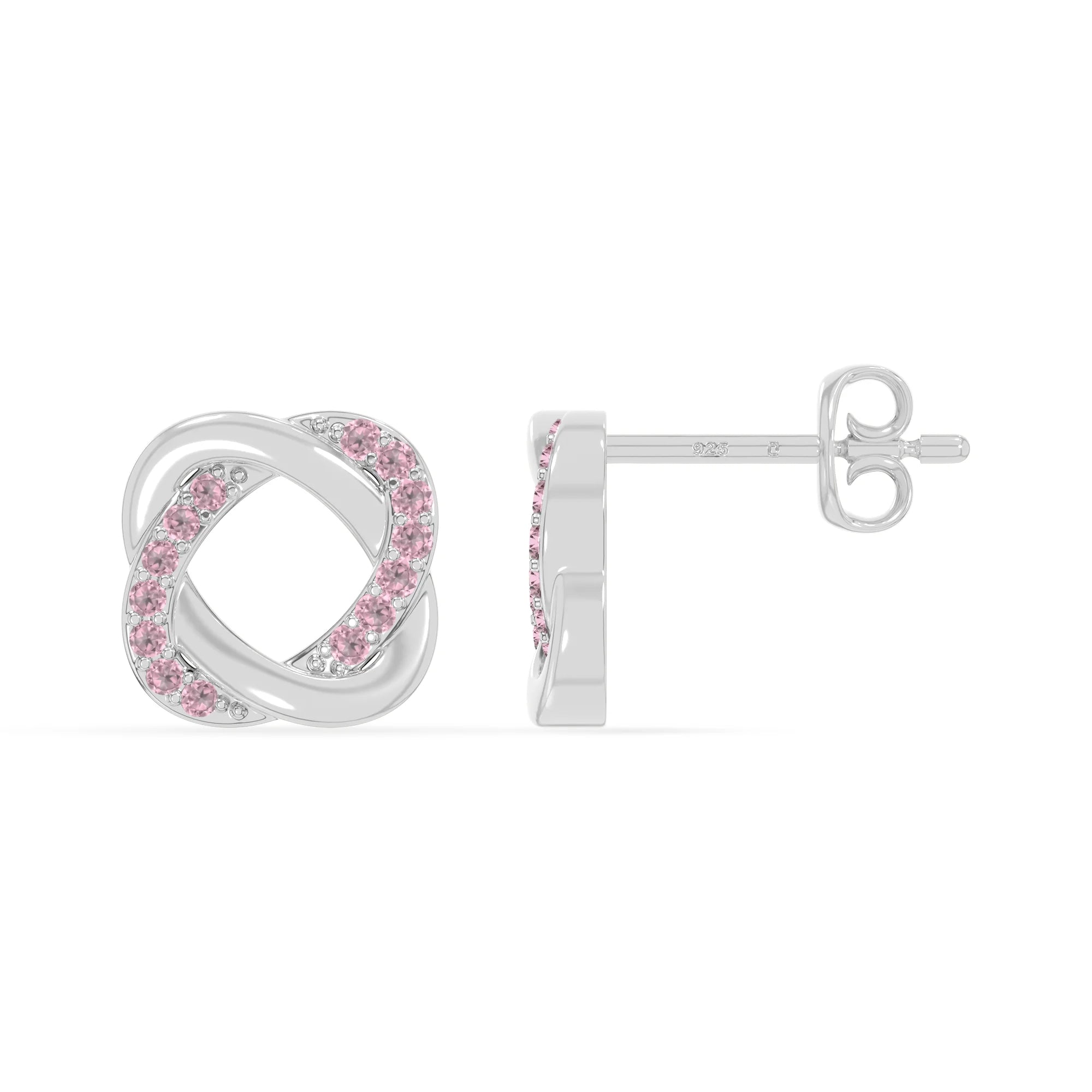 natural pink-tourmaline knot-love stud earrings in sterling silver 