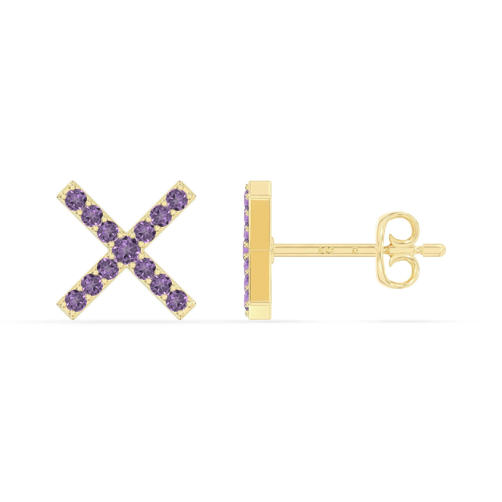 natural amethyst x stud earrings in yellow gold vermeil 