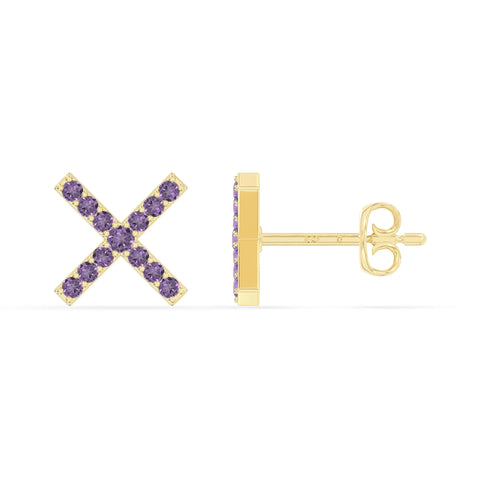 natural amethyst x stud earrings in yellow gold vermeil 