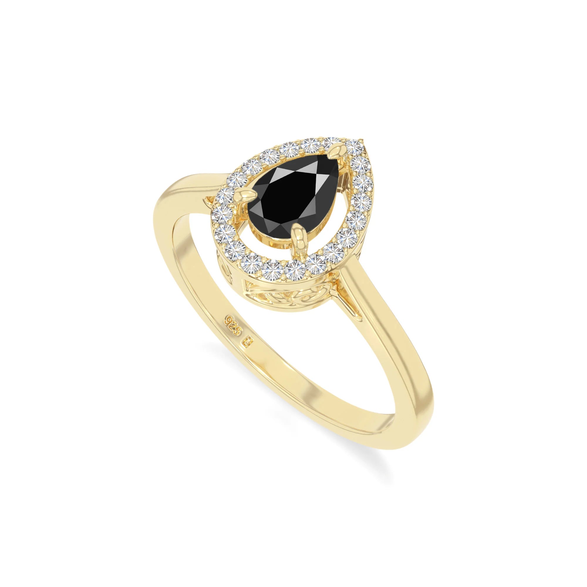 natural black onyx solitaire halo engagement rings in yellow gold vermeil