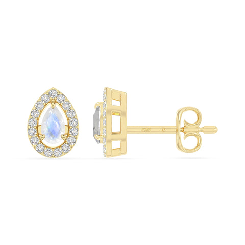 natural rainbow-moonstone halo stud earrings in yellow gold vermeil 