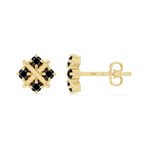 natural black-onyx flower stud earrings in yellow gold vermeil 