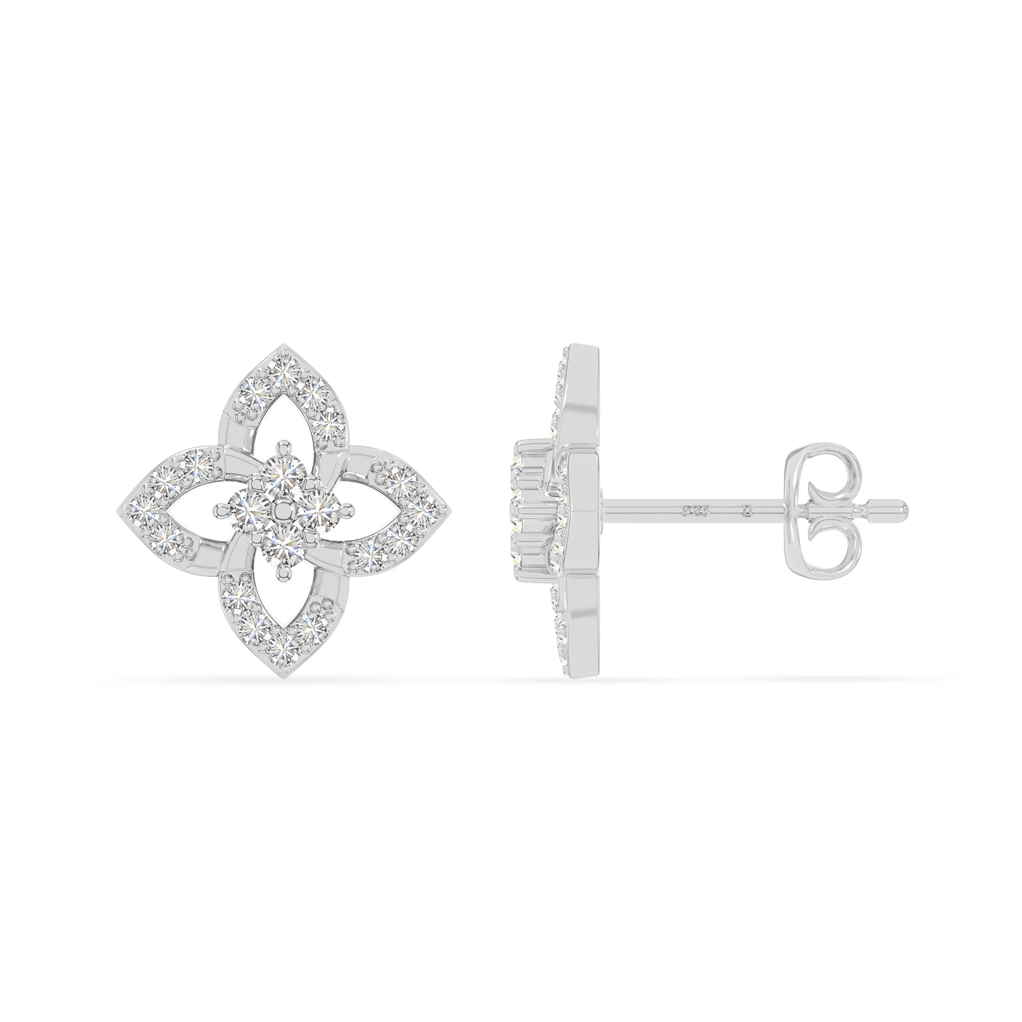 moissanite 4 petal flower stud earrings in sterling silver 