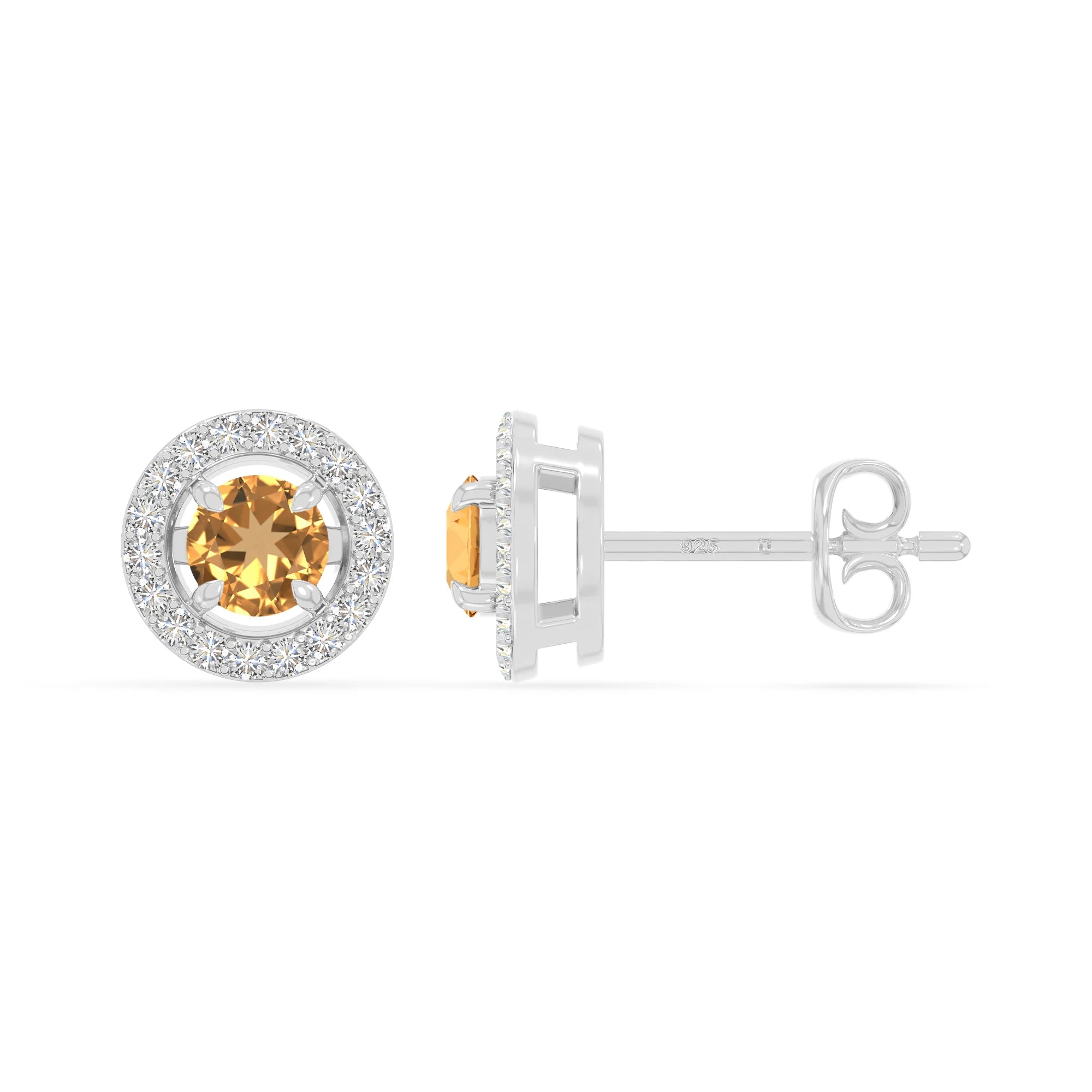 natural citrine halo stud earrings in sterling silver 