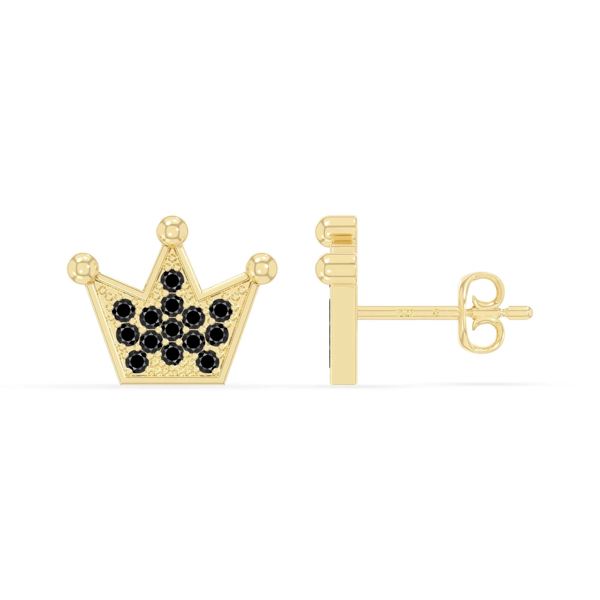 natural black-onyx crown stud earrings in yellow gold vermeil 