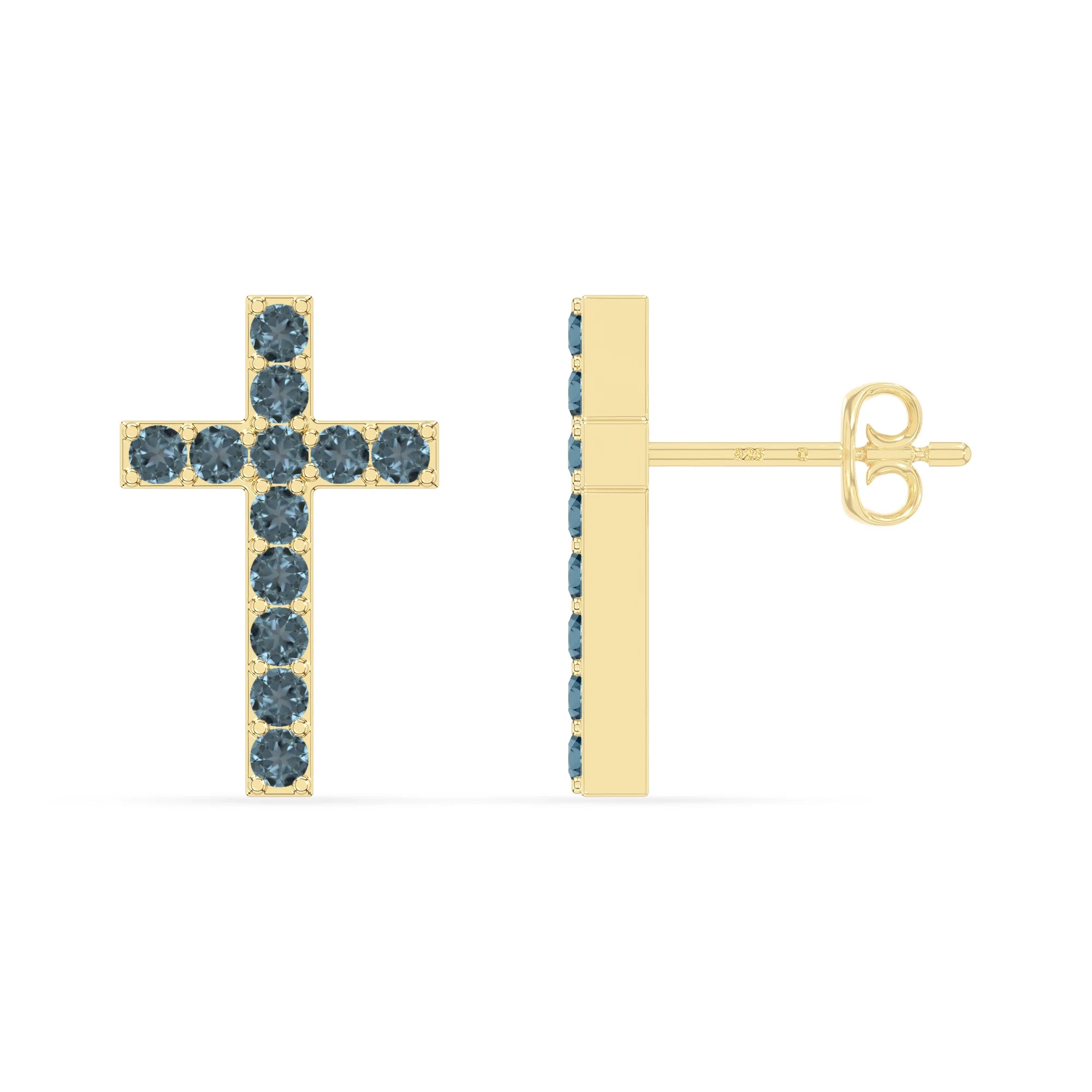 natural london-blue-topaz cross stud earrings in yellow gold vermeil 