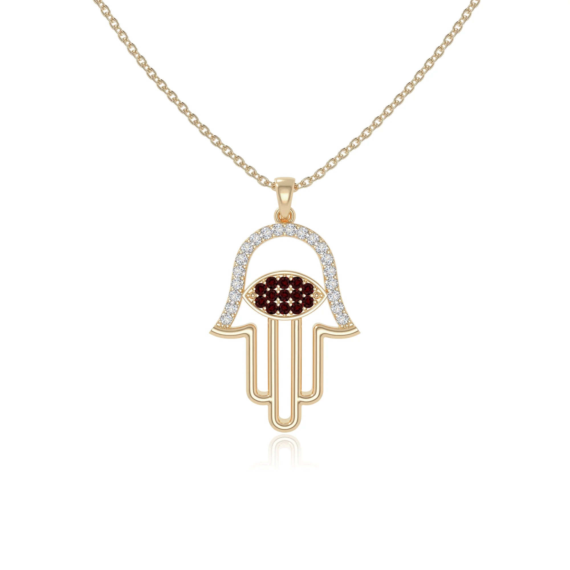 natural garnet evil eye hamsa hand necklaces in yellow gold vermeil 