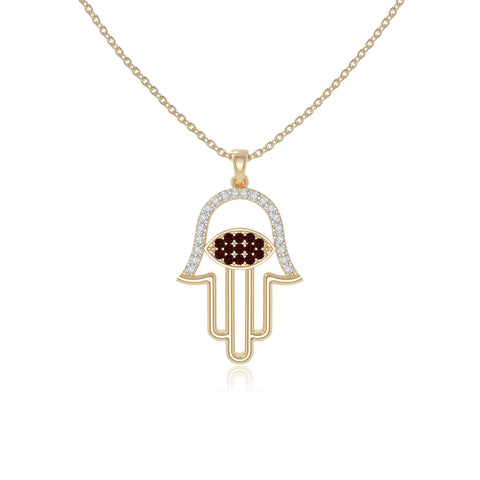 natural garnet evil eye hamsa hand necklaces in yellow gold vermeil 