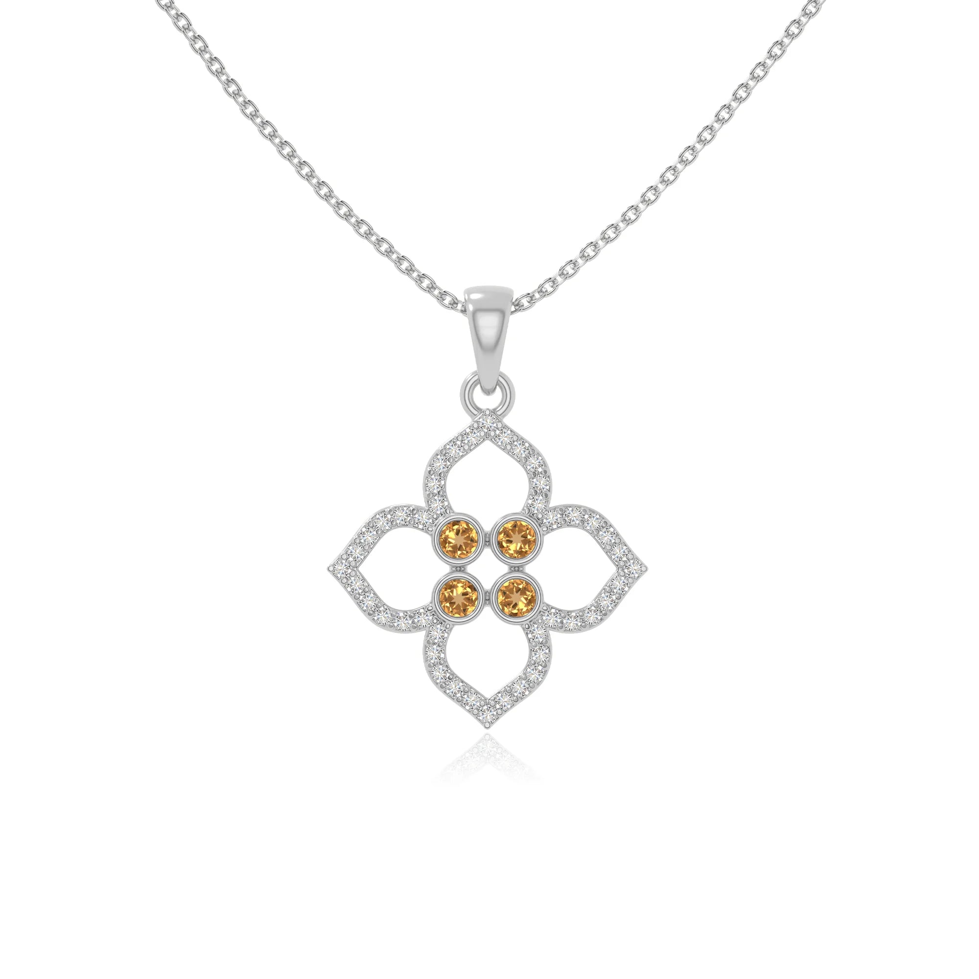 natural citrine 4 petal flower necklaces in sterling silver 
