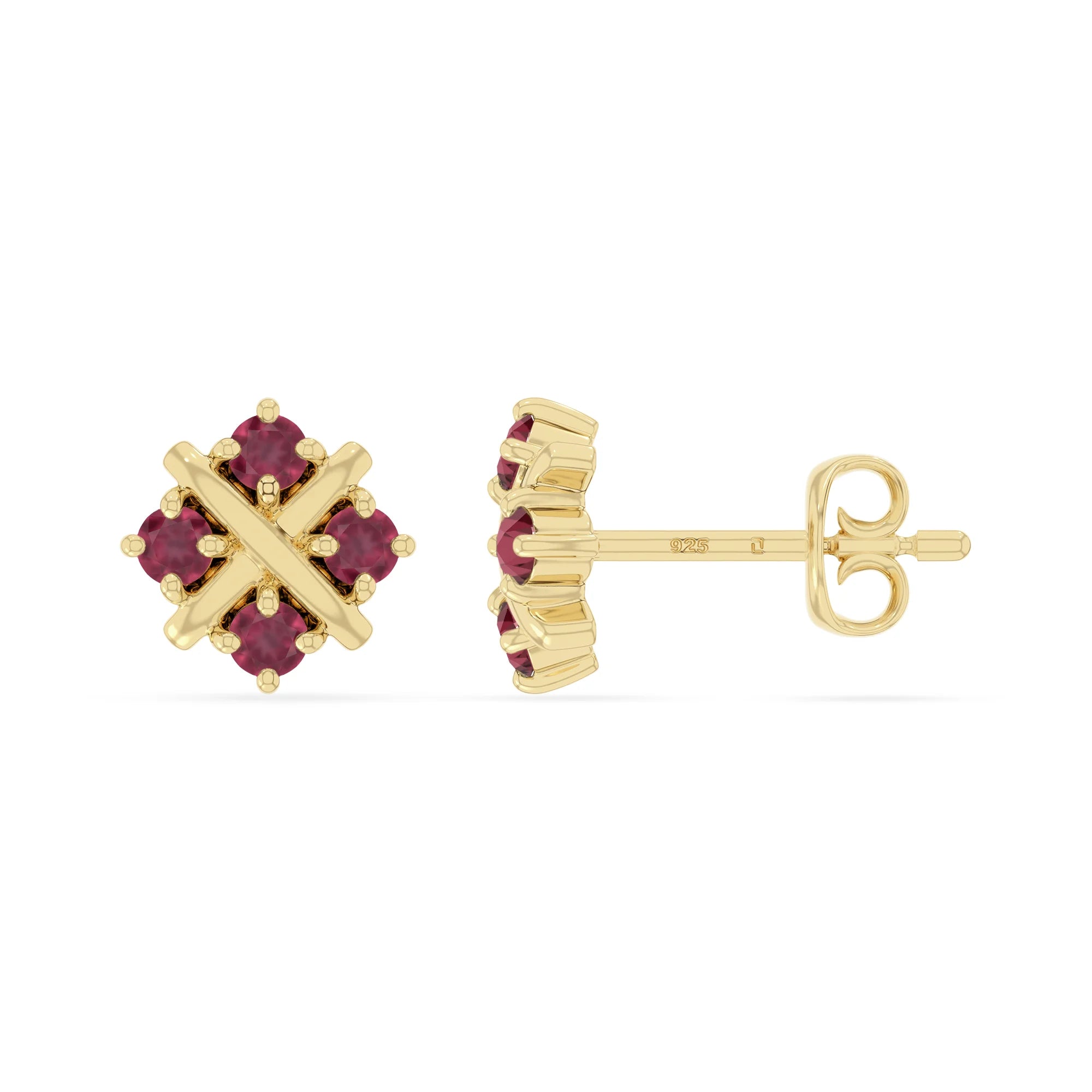 natural ruby flower stud earrings in yellow gold vermeil 
