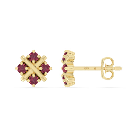 natural ruby flower stud earrings in yellow gold vermeil 