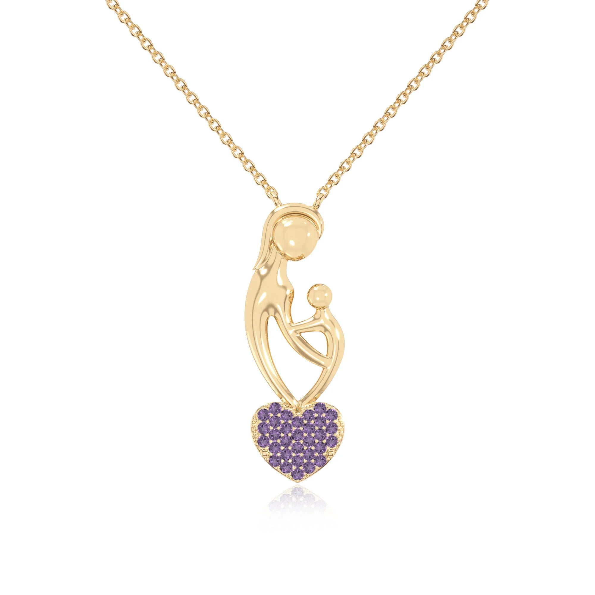 natural amethyst mother child heart necklaces in yellow gold vermeil 
