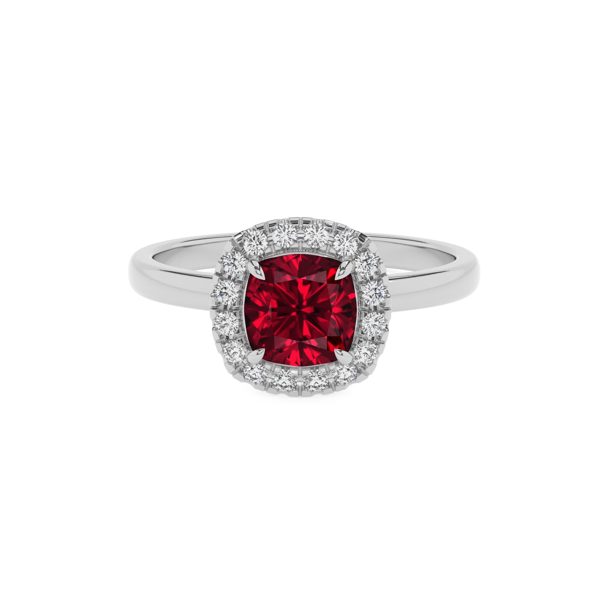 lab-grown ruby cushion halo solitaire engagement ring