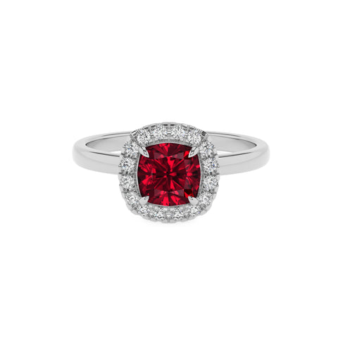 lab-grown ruby cushion halo solitaire engagement ring