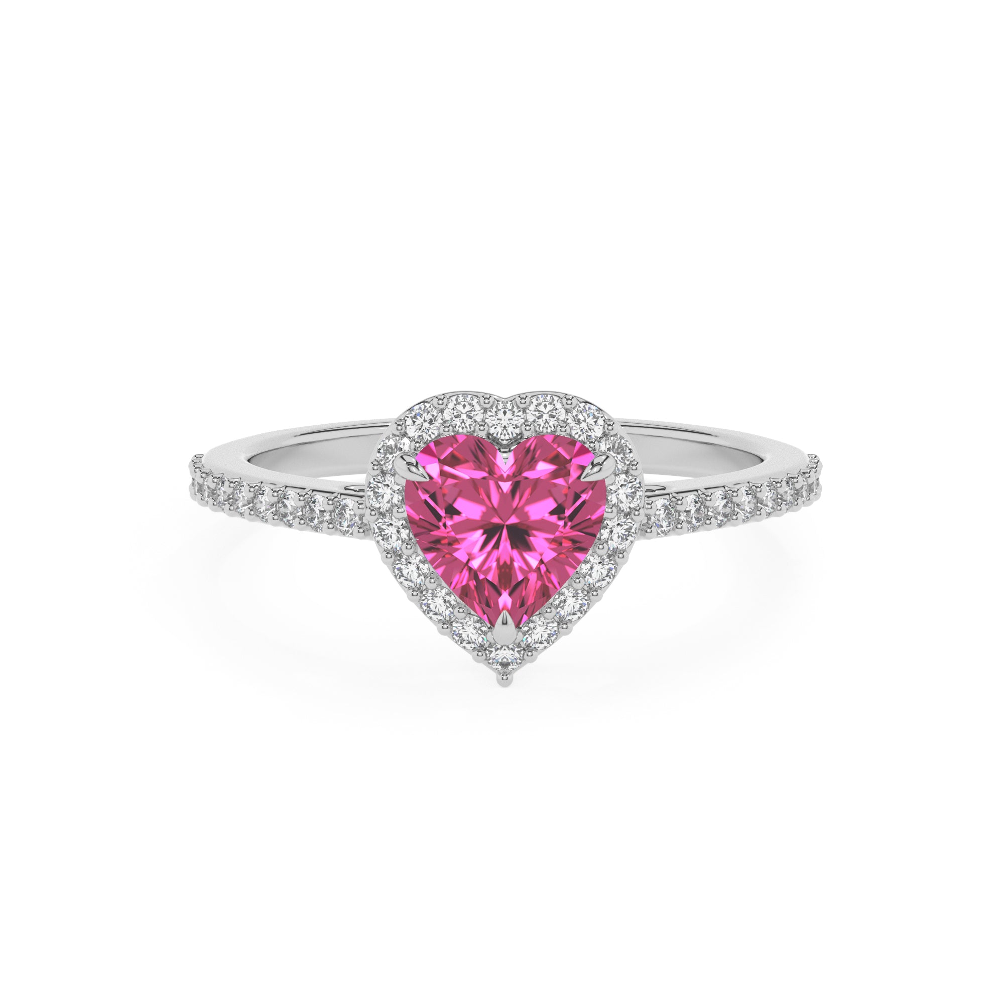 lab-grown pink-sapphire heart half eterity halo solitaire engagement ring