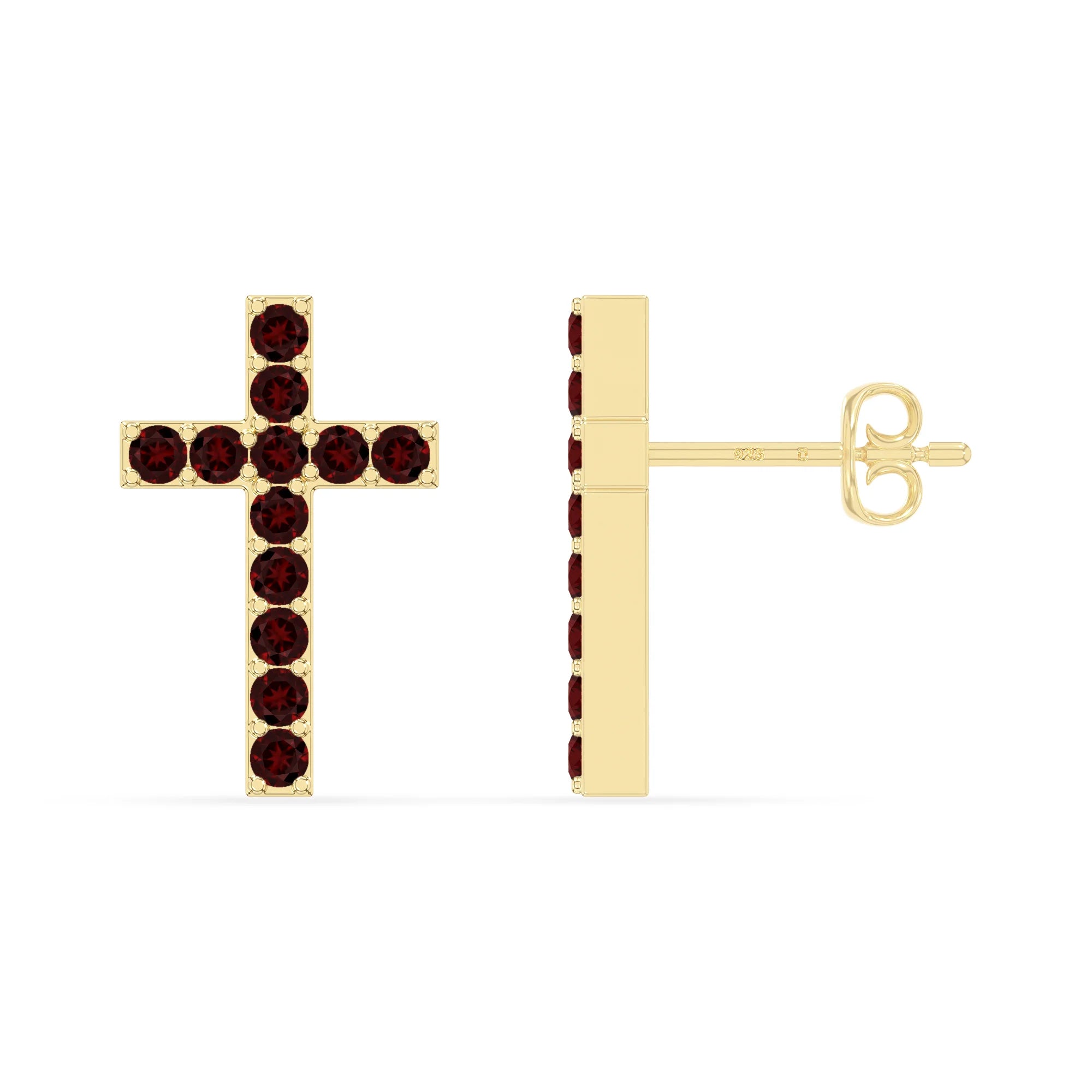 natural garnet cross stud earrings in yellow gold vermeil 