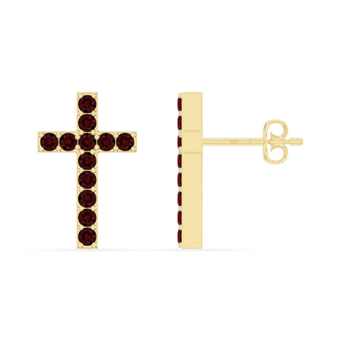 natural garnet cross stud earrings in yellow gold vermeil 