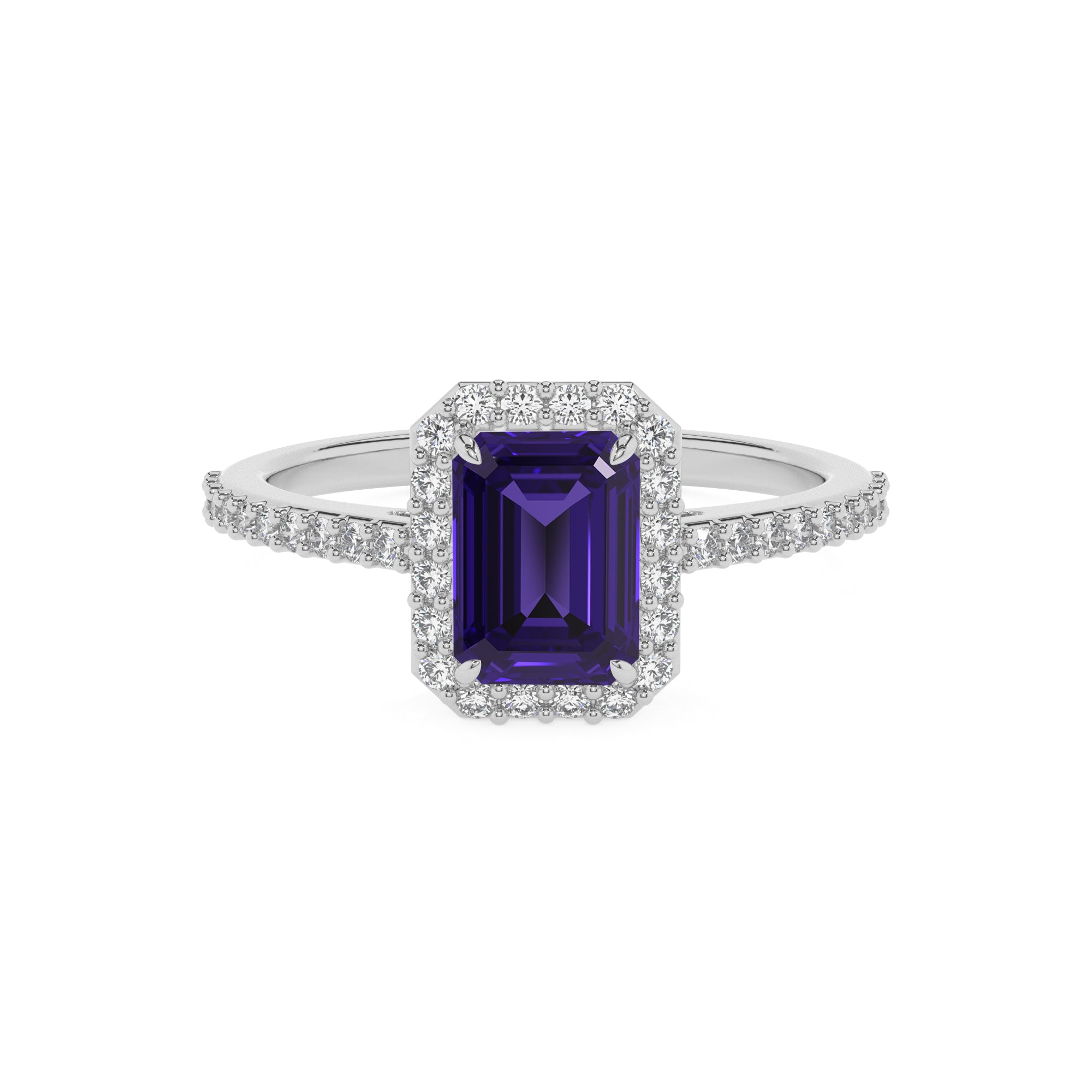 lab-grown tanzanite emerald half eterity halo solitaire engagement ring